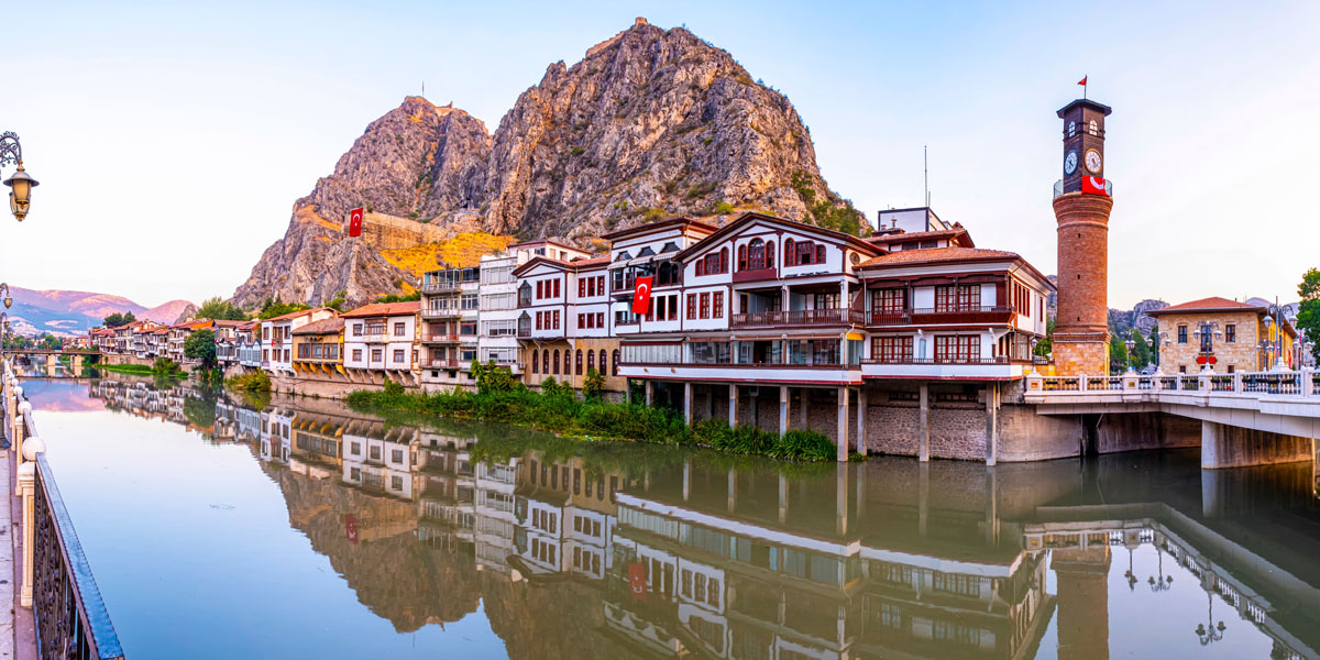 historic ottoman houses along river in amasya turkey