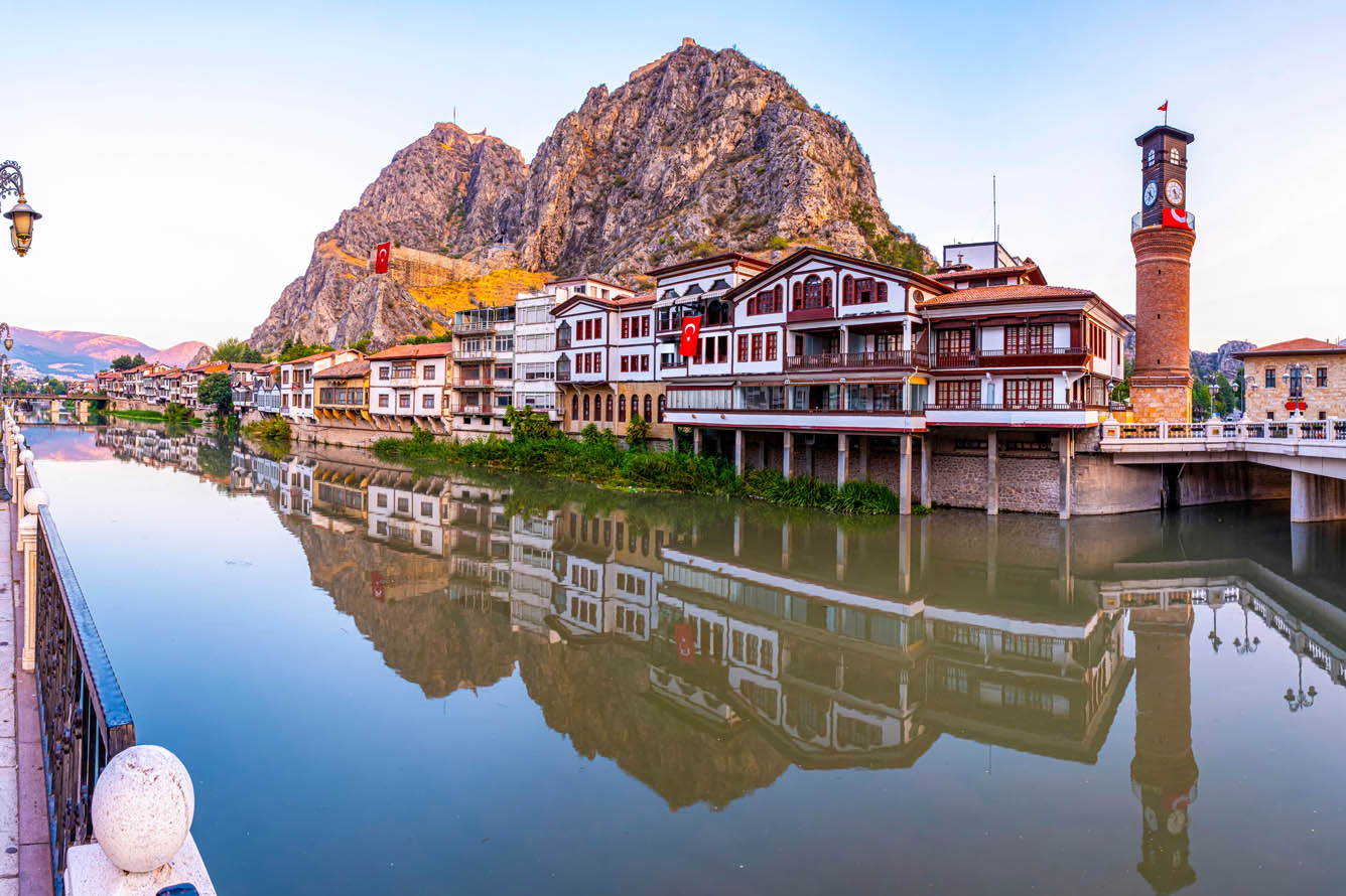 historical ottoman houses in amasya by the waterside, turkey