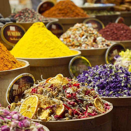 spices and dried flowers in a bazaar in turkey