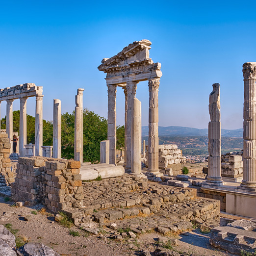 view of the ruins of bergama acropolis in turkey overlooking the countryside