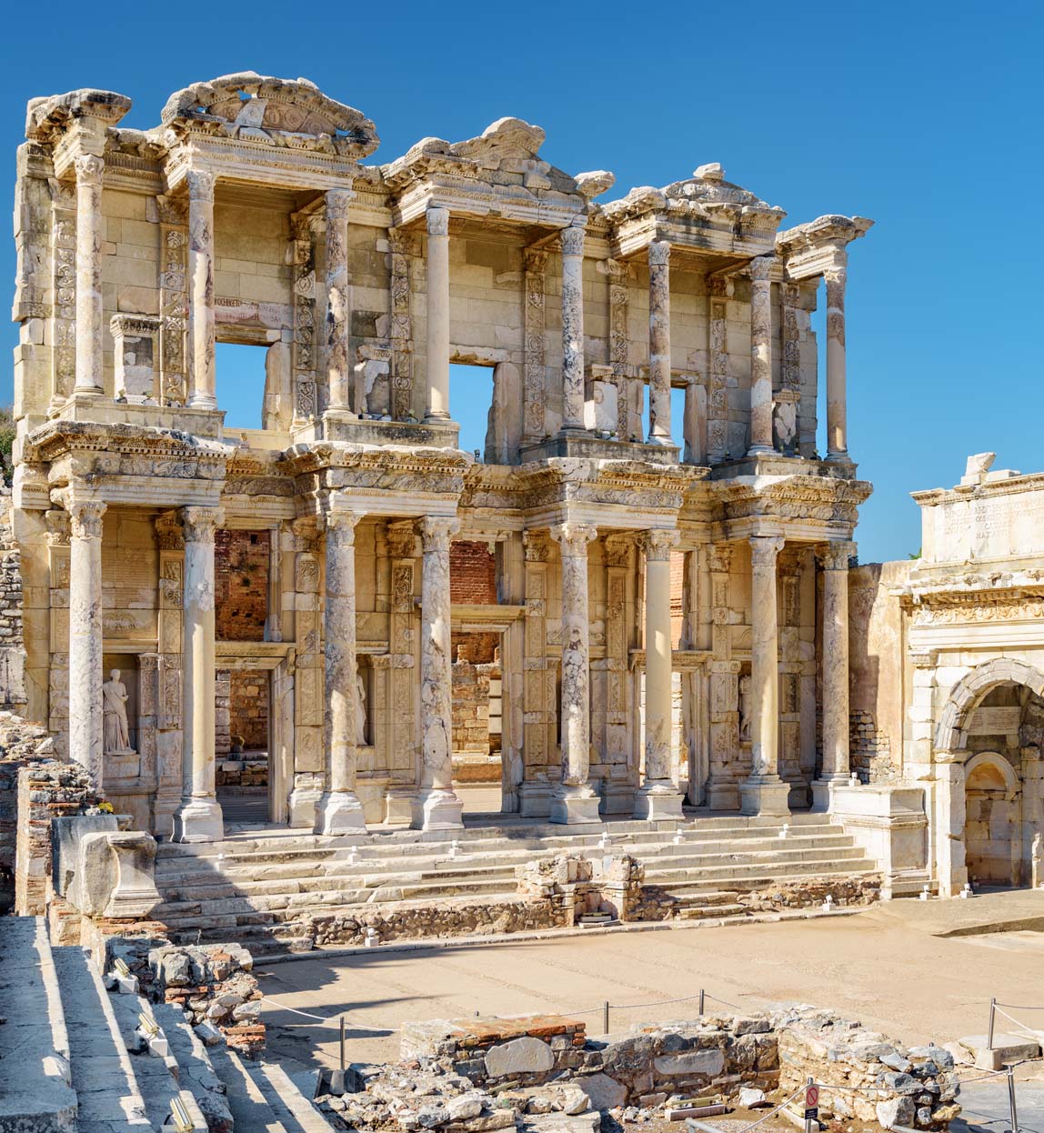 the facade of the library of celsus at the ruins of ephesus in turkey