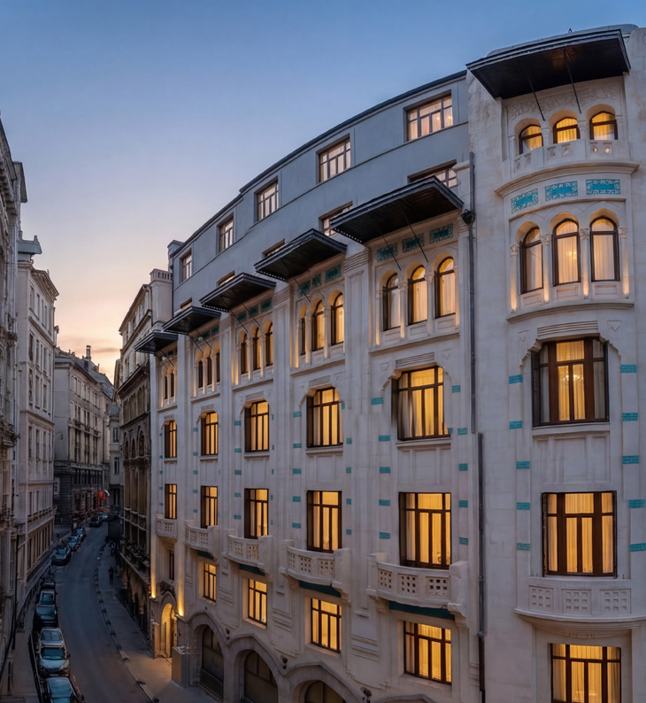exterior of the hotel l'union han istanbul in the evening